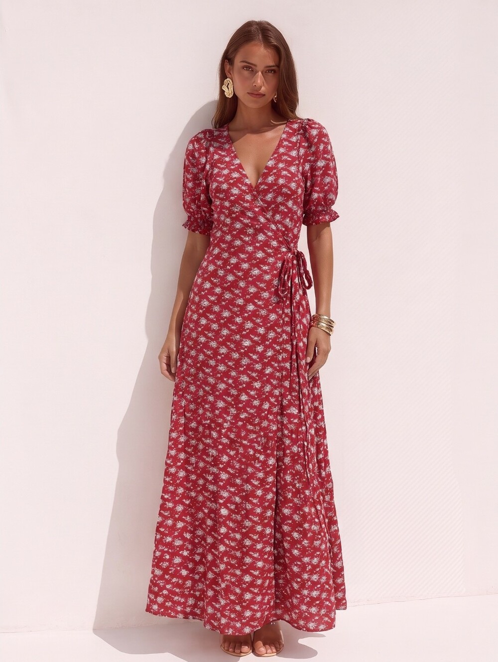 Natural Life Sophia Wrap Dress Red Ditzy Floral Short Puff Sleeves S Maxi Dress